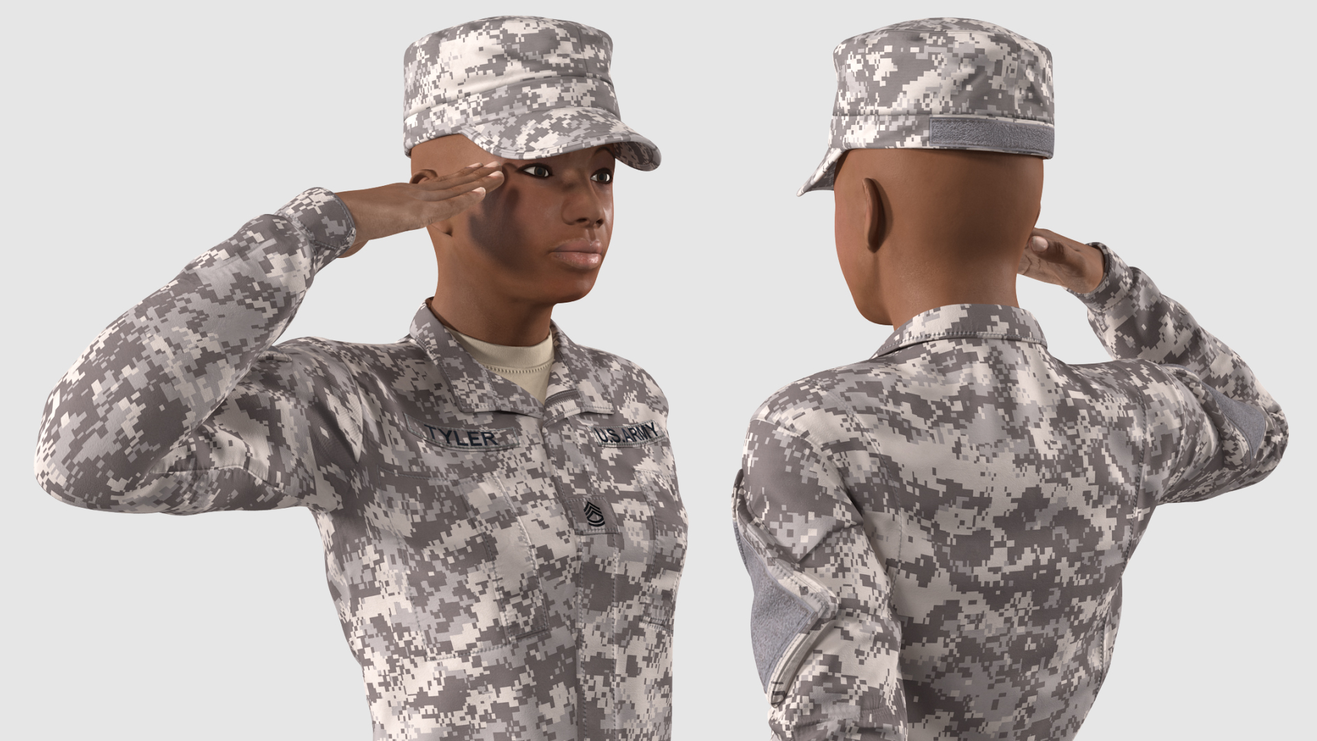 3D Black Female Soldier ACU Saluting Pose model