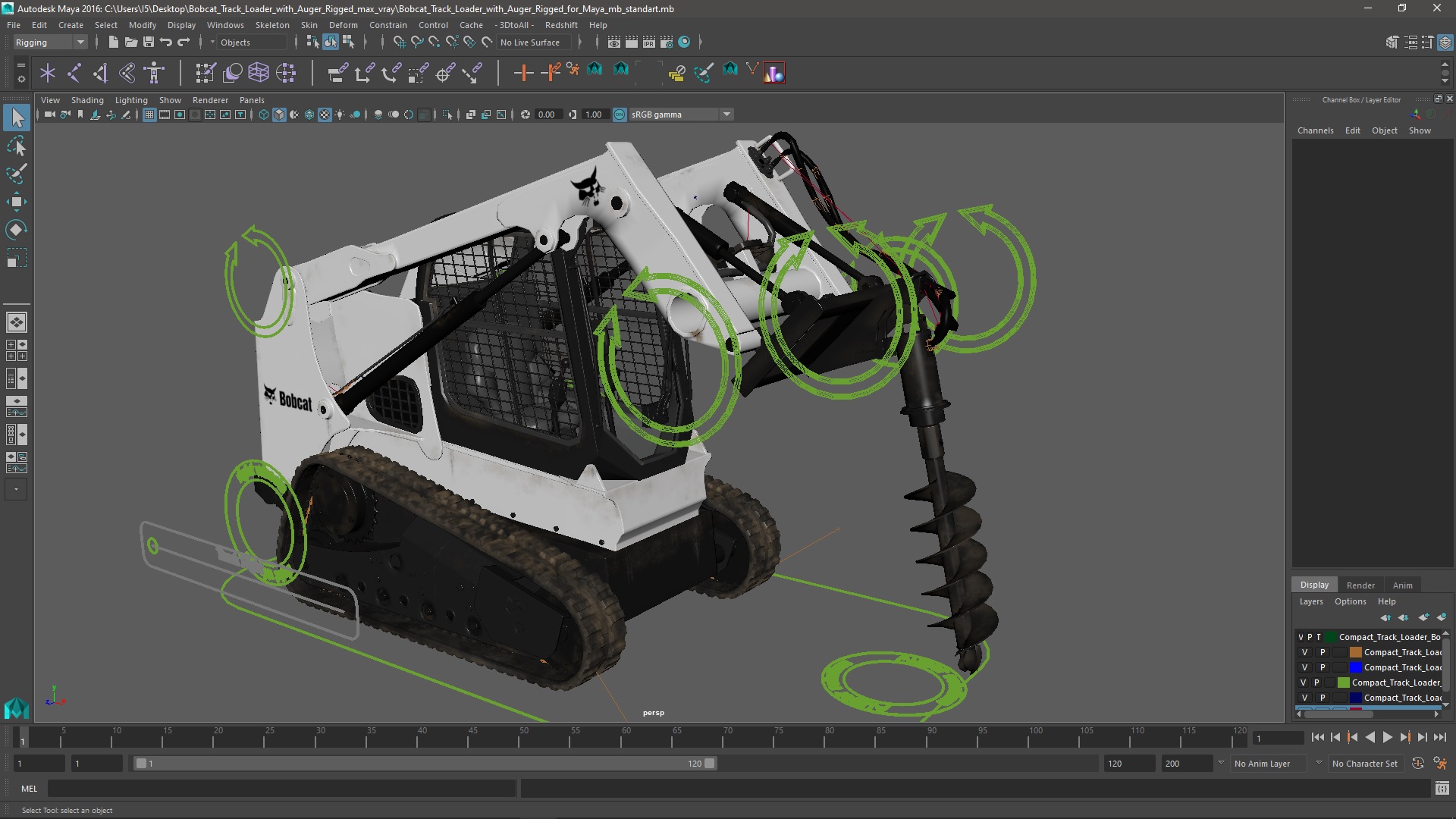 3D Bobcat Track Loader with Auger Rigged for Maya