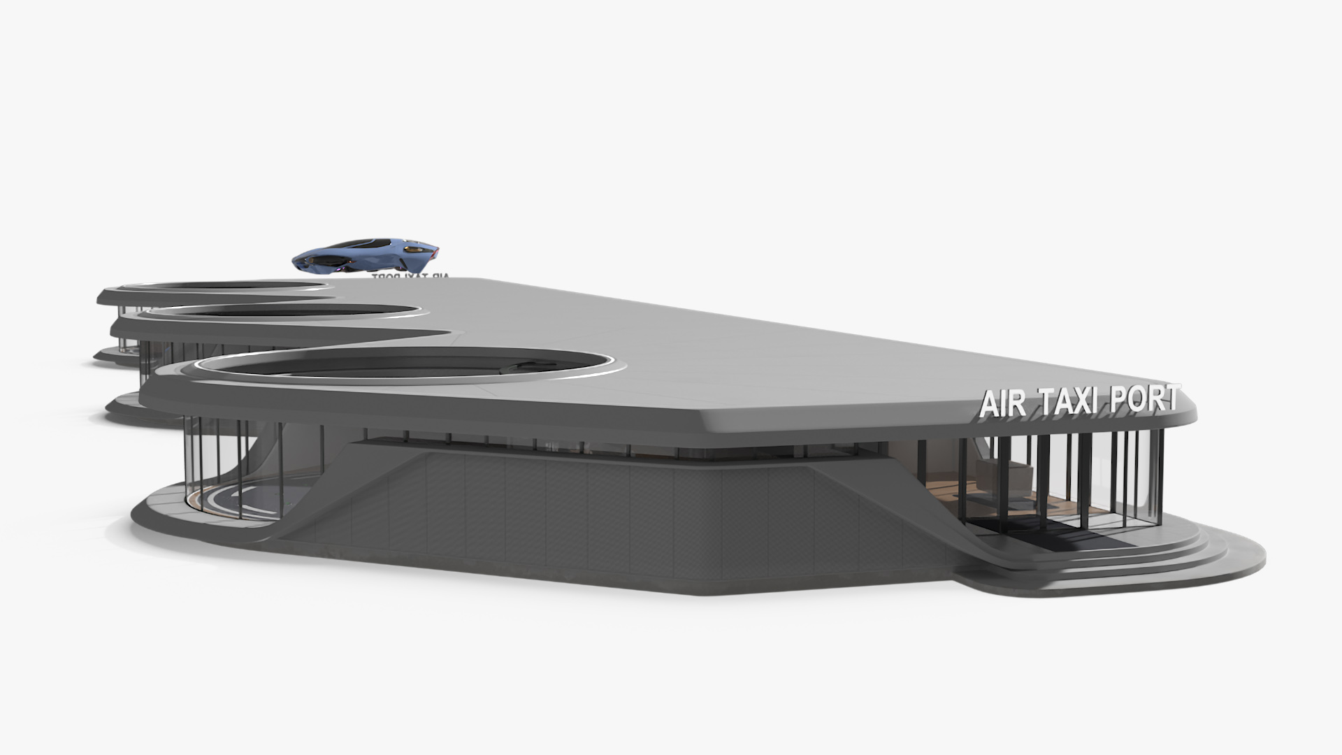 Futuristic Air Taxi Port with Flying Hover Cars 3D