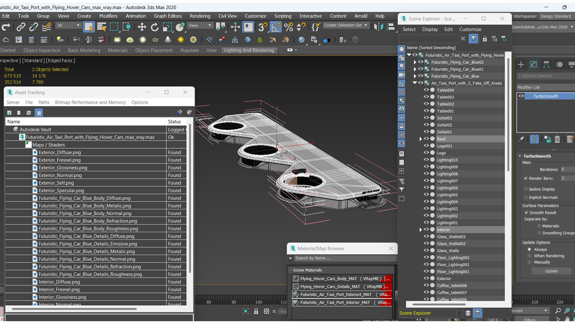 Futuristic Air Taxi Port with Flying Hover Cars 3D