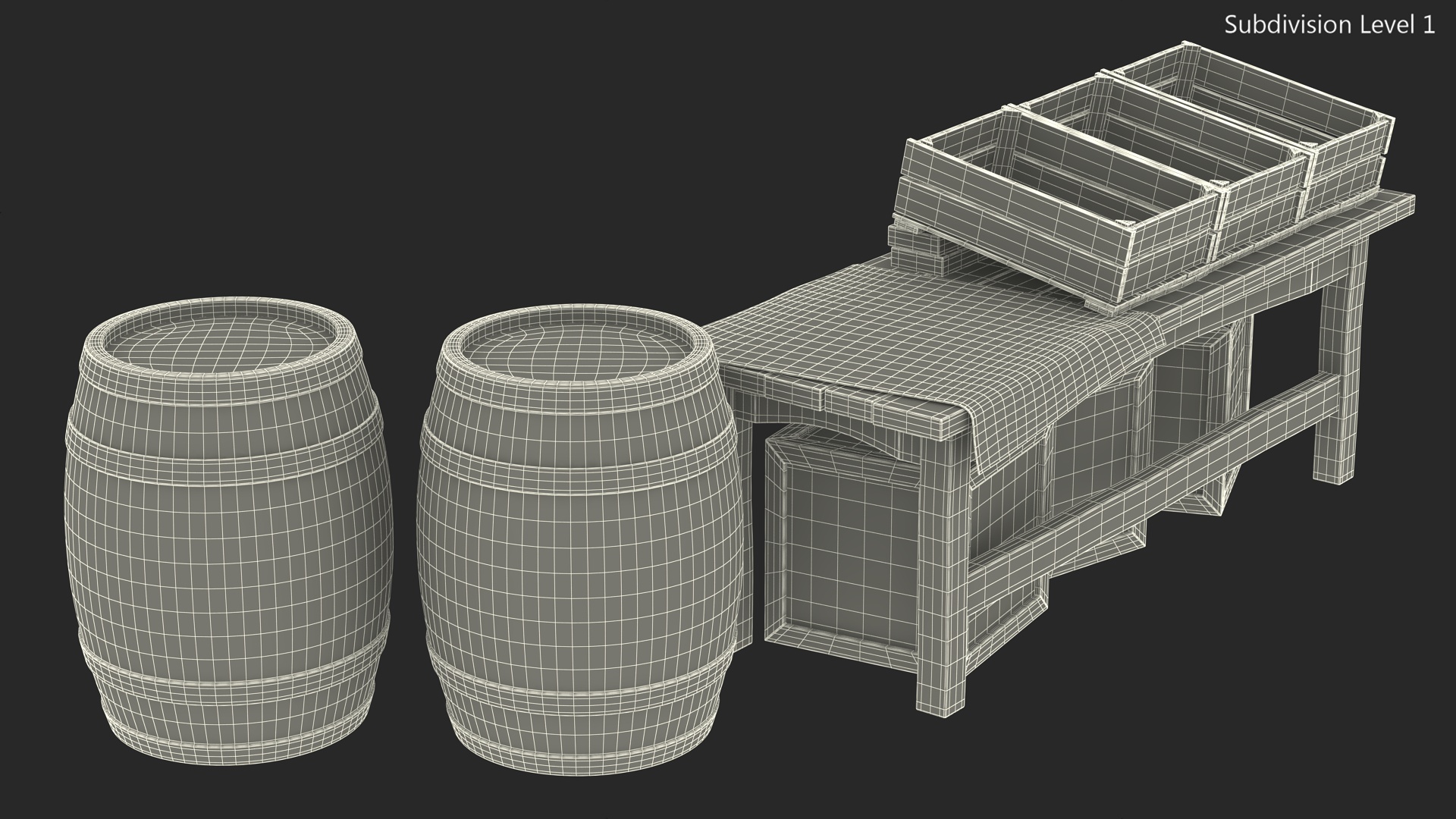 3D Wooden Market Stall with Barrels and Crates model