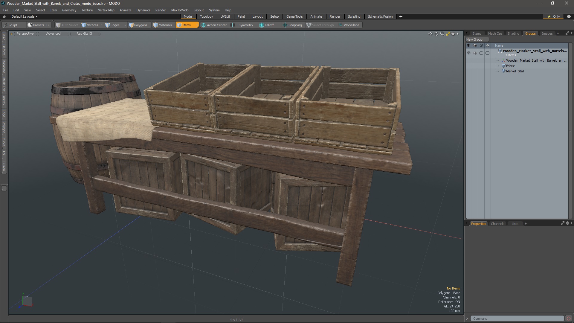 3D Wooden Market Stall with Barrels and Crates model