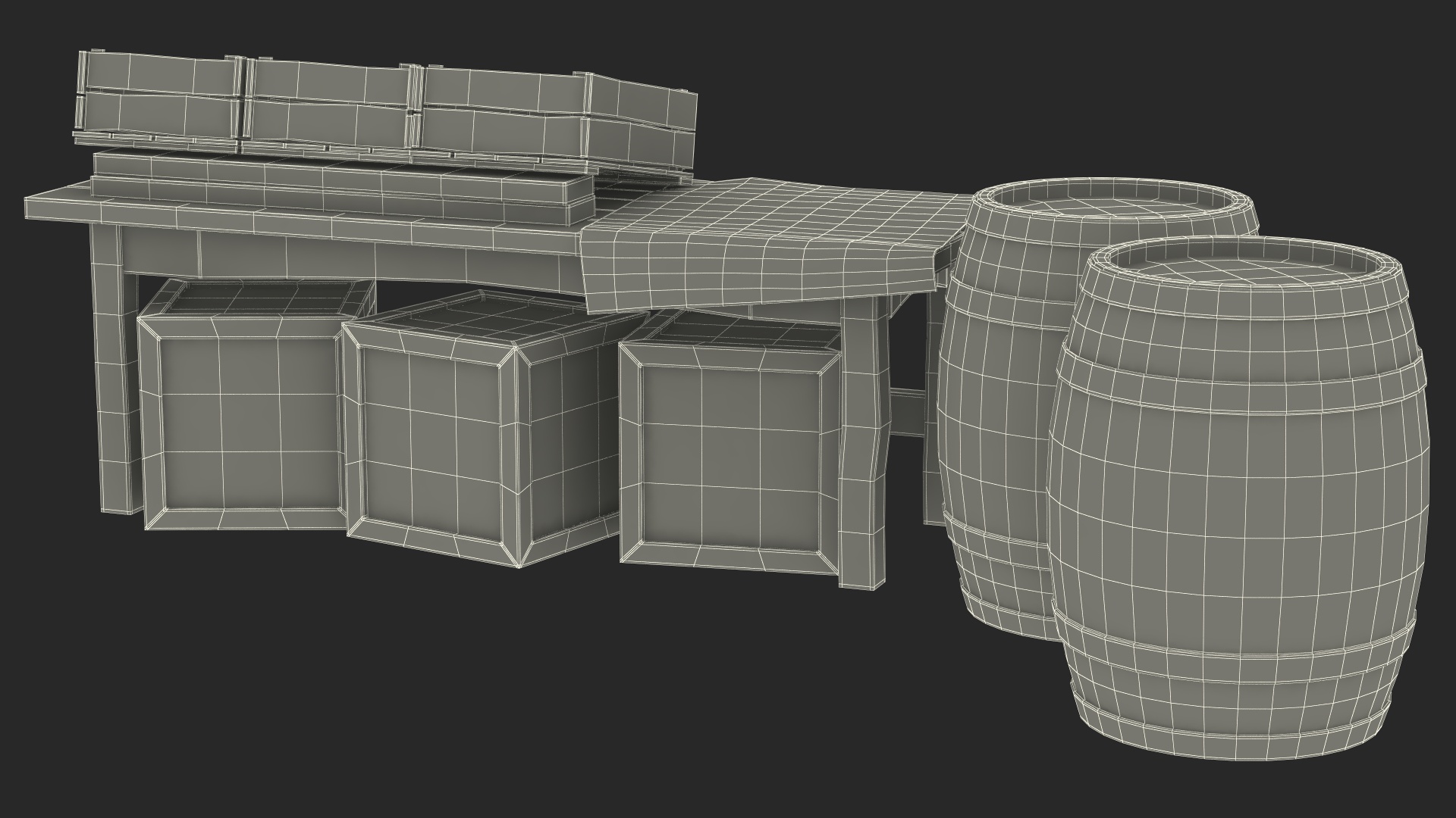 3D Wooden Market Stall with Barrels and Crates model