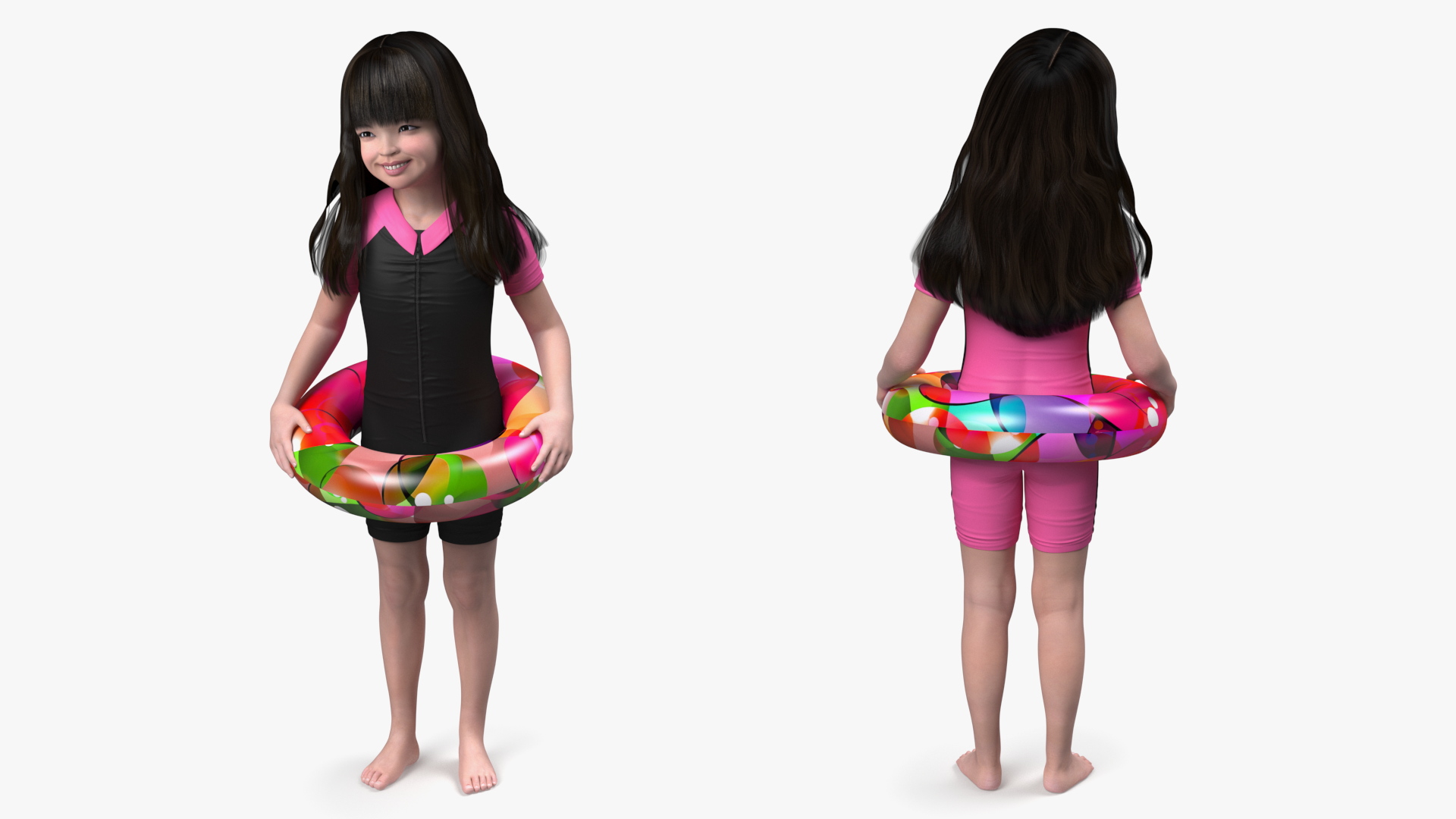 3D model Chinese Child Girl in Swimsuit Stands with Inflatable Circle