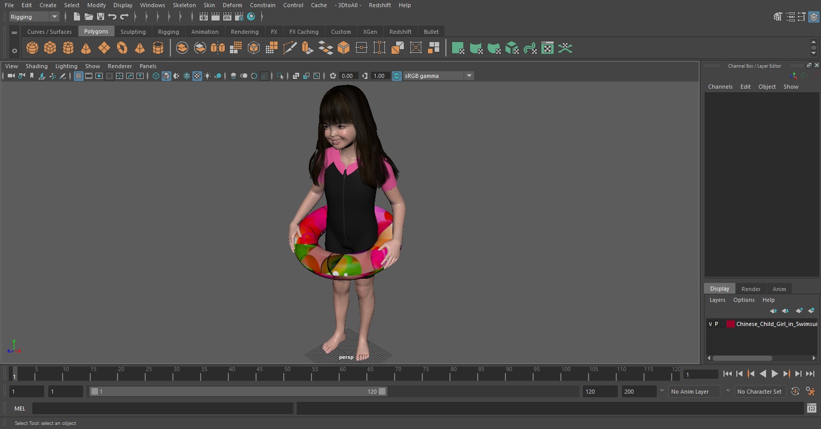 3D model Chinese Child Girl in Swimsuit Stands with Inflatable Circle