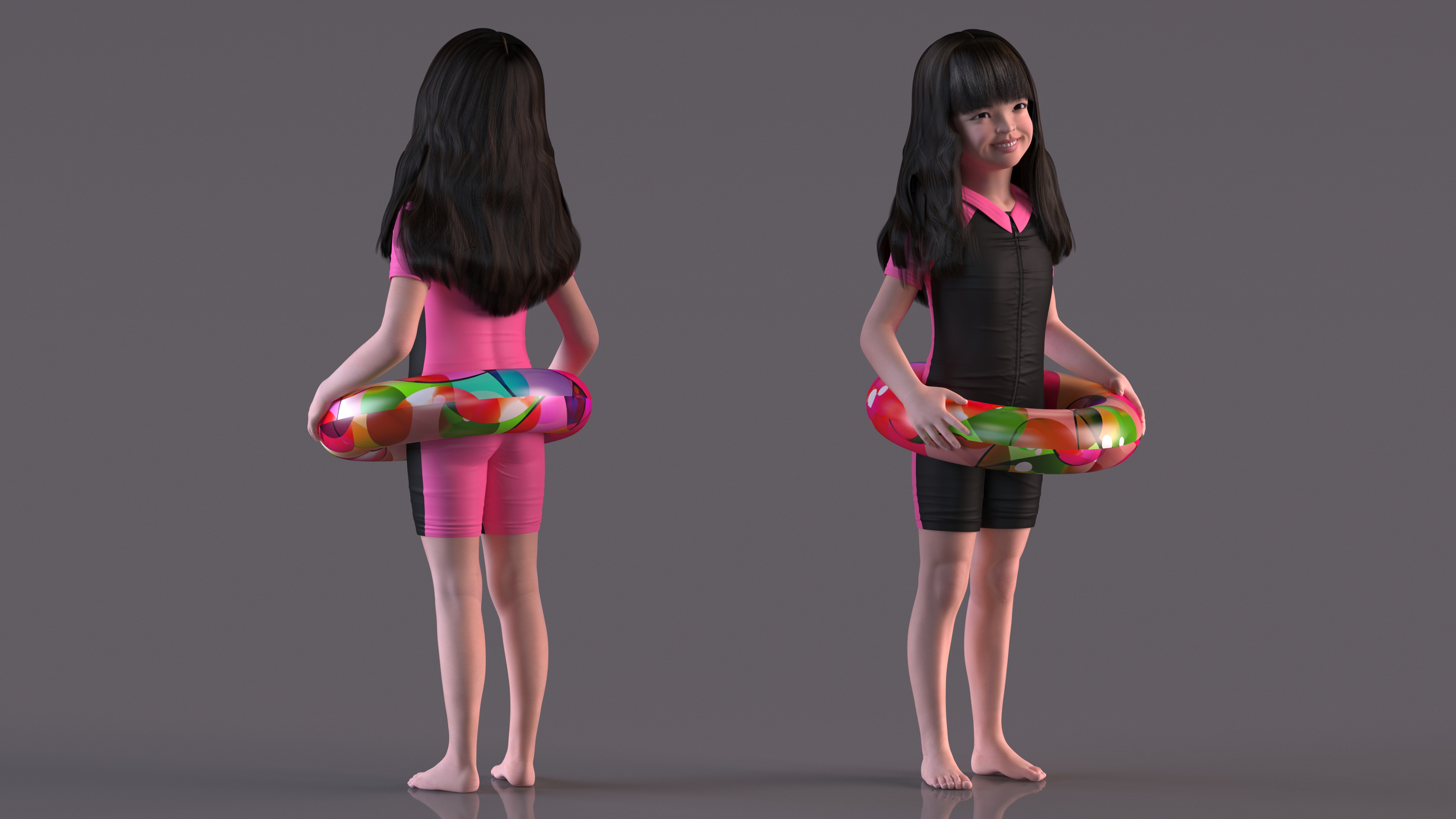 3D model Chinese Child Girl in Swimsuit Stands with Inflatable Circle