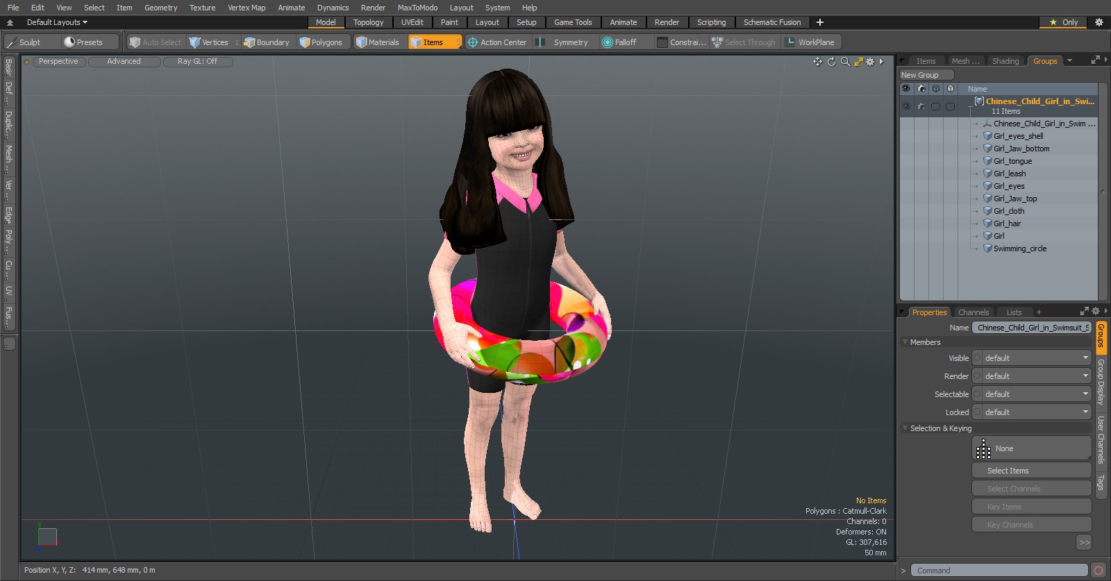 3D model Chinese Child Girl in Swimsuit Stands with Inflatable Circle