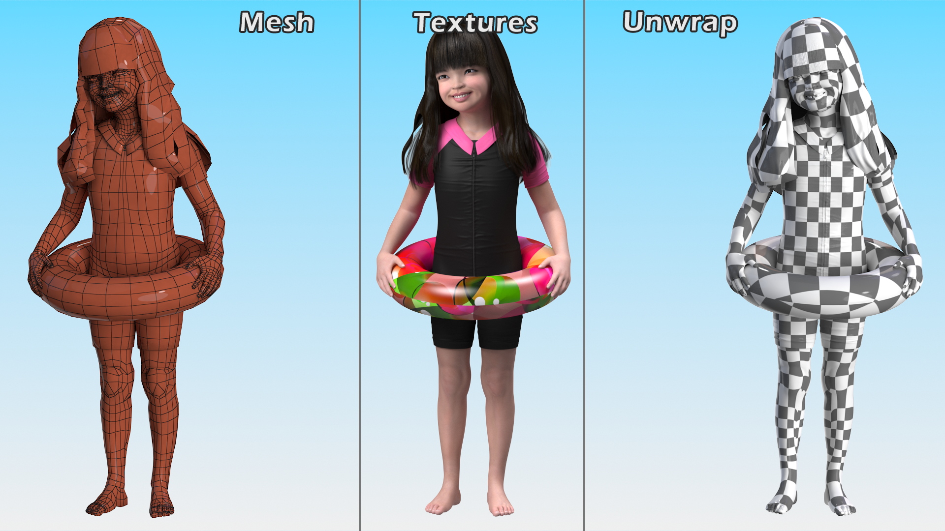 3D model Chinese Child Girl in Swimsuit Stands with Inflatable Circle