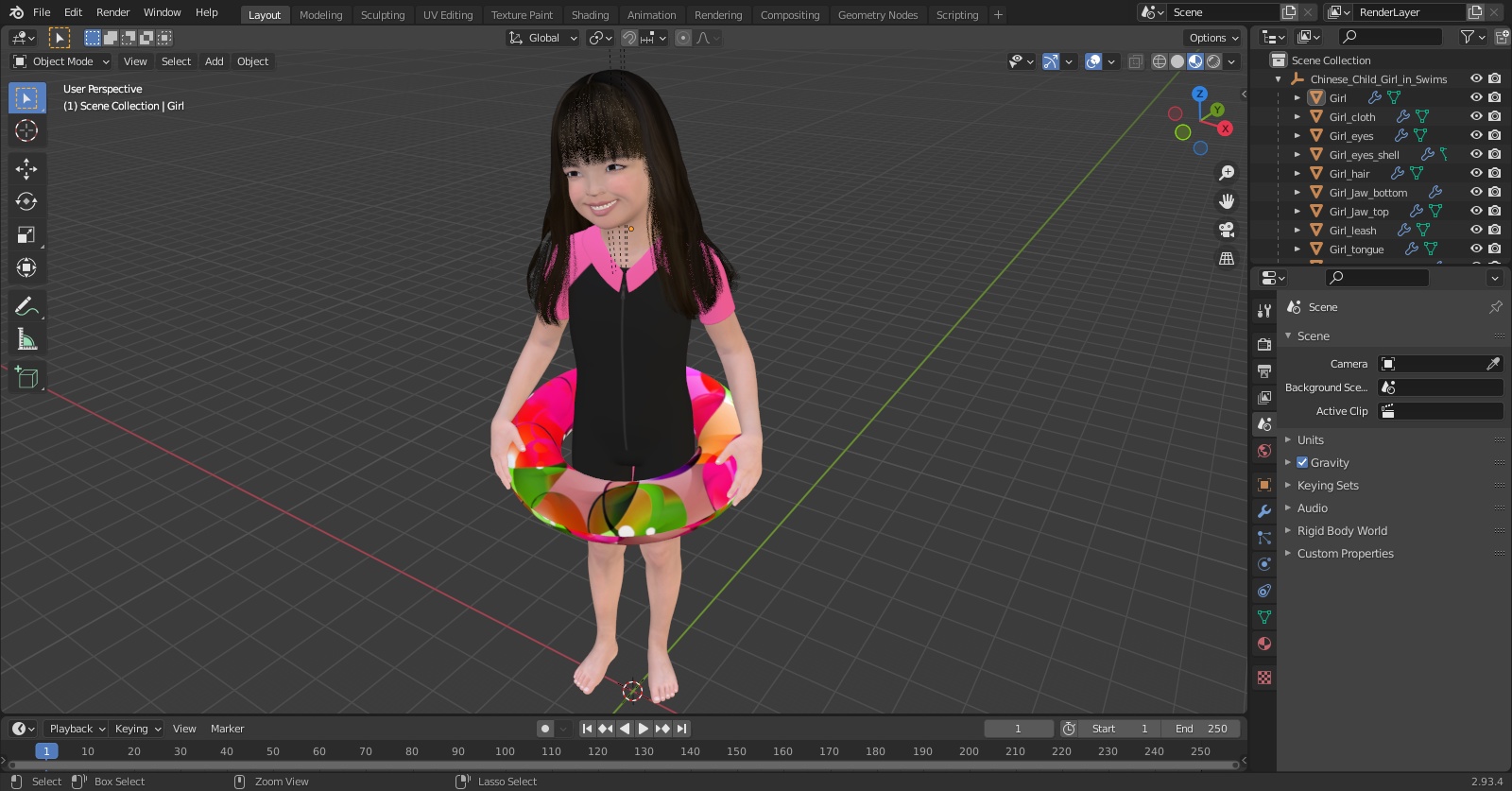 3D model Chinese Child Girl in Swimsuit Stands with Inflatable Circle