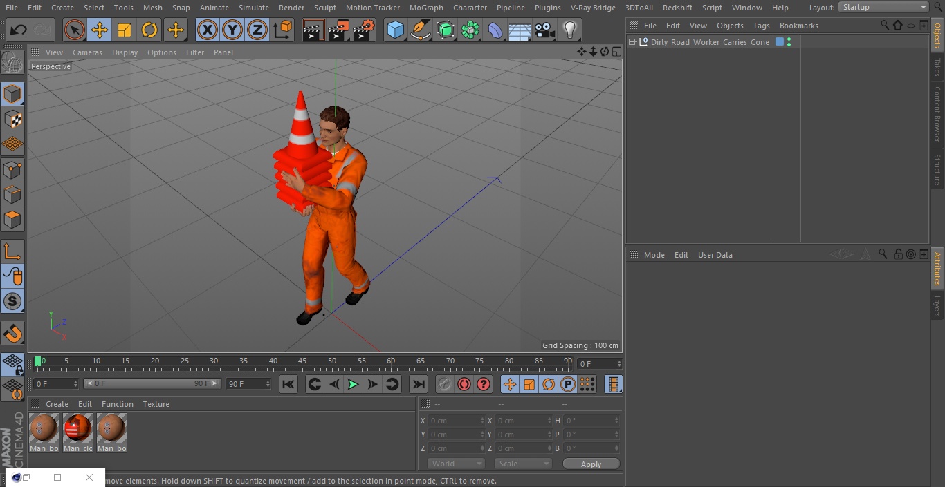 3D model Dirty Road Worker Carries Cone