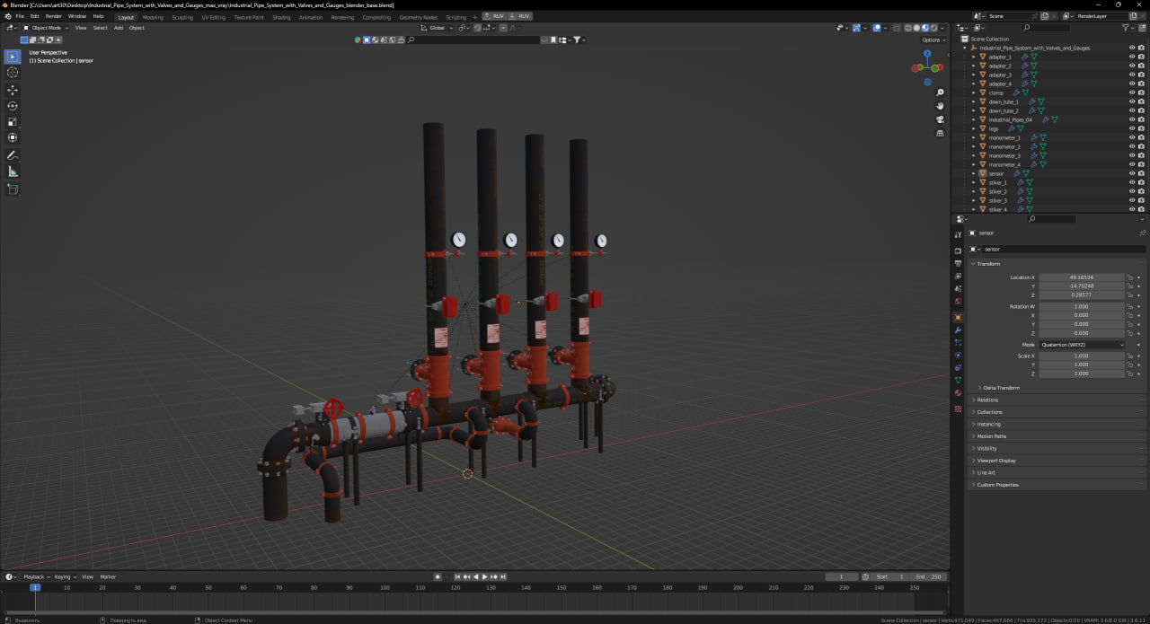 3D model Industrial Pipe System with Valves and Gauges