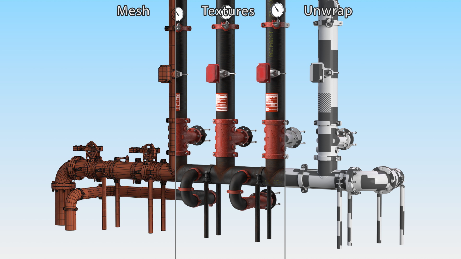 3D model Industrial Pipe System with Valves and Gauges