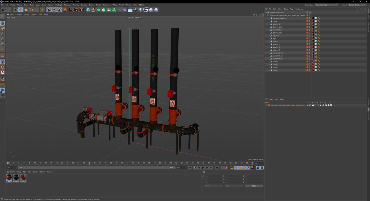 3D model Industrial Pipe System with Valves and Gauges