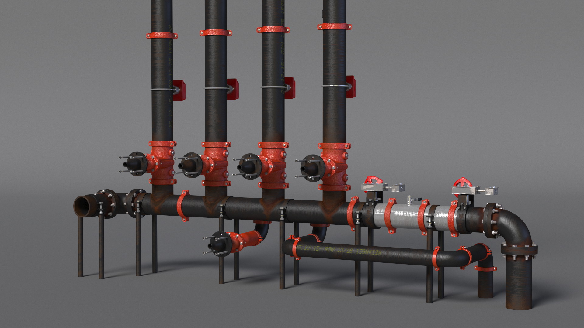 3D model Industrial Pipe System with Valves and Gauges