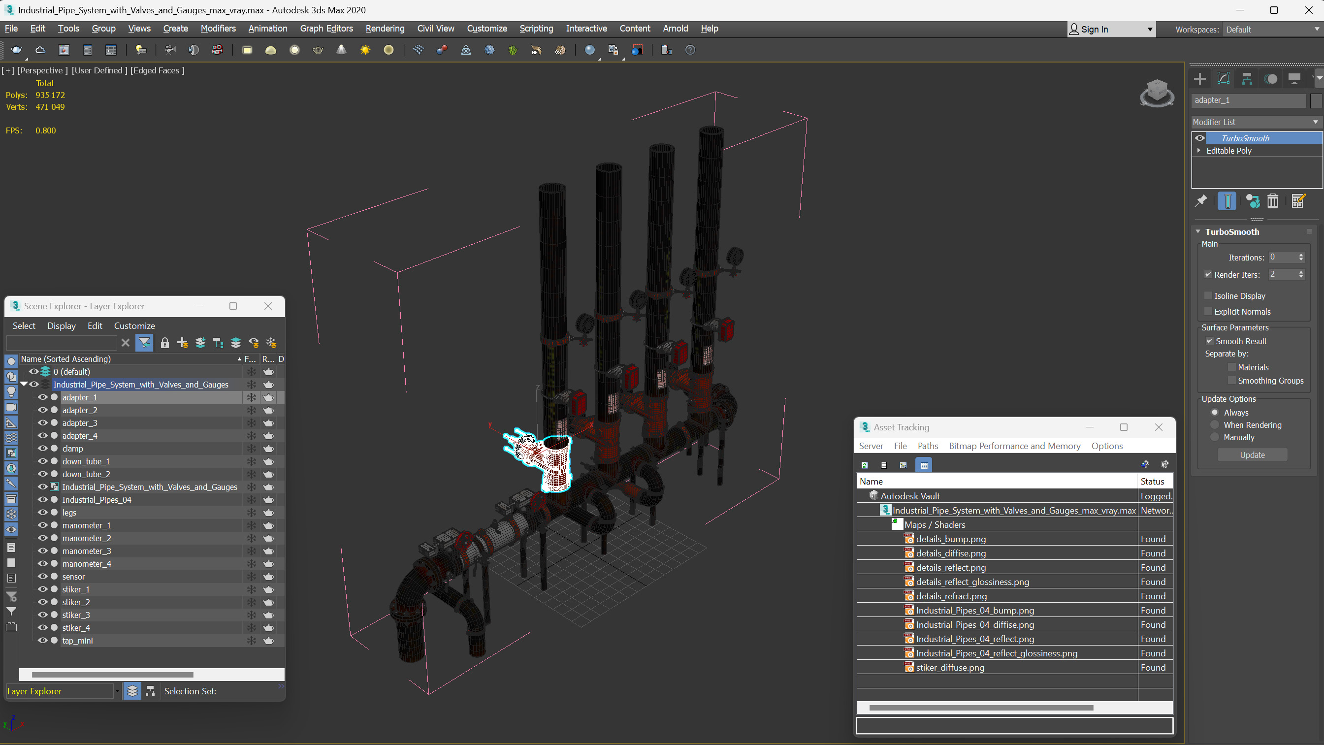 3D model Industrial Pipe System with Valves and Gauges