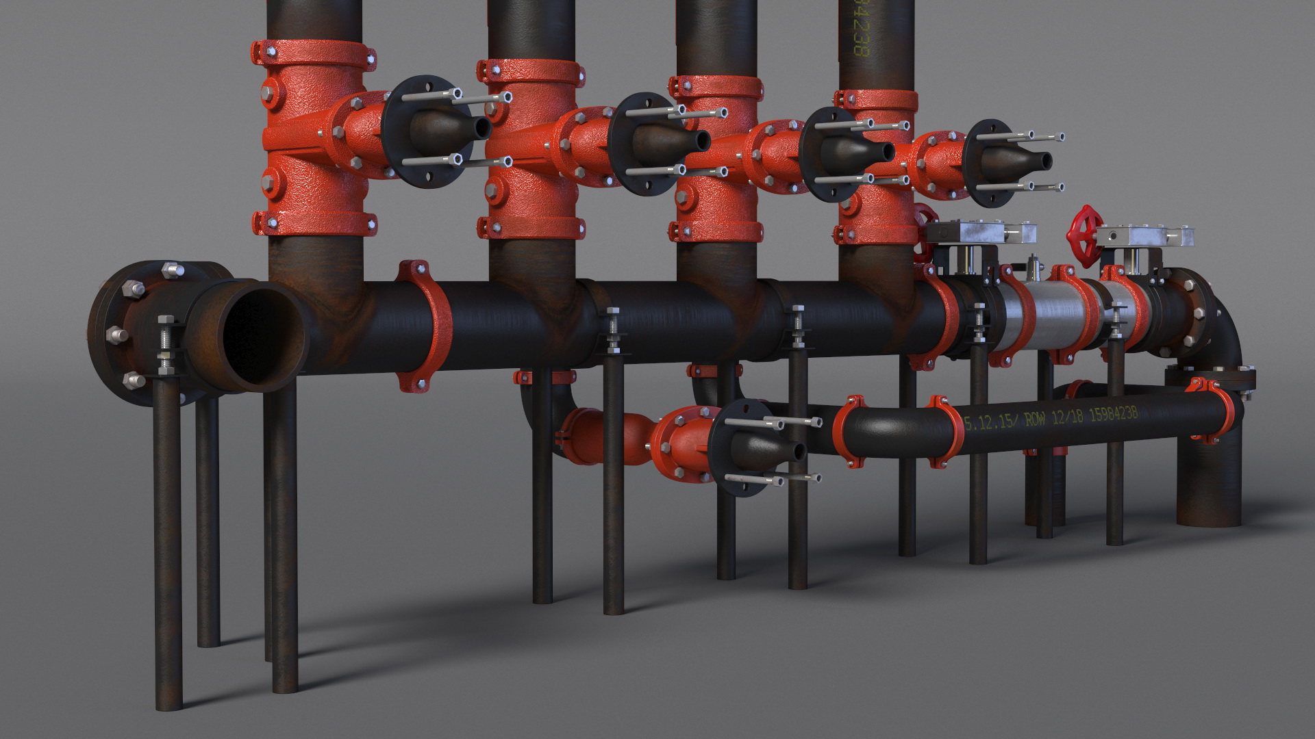 3D model Industrial Pipe System with Valves and Gauges