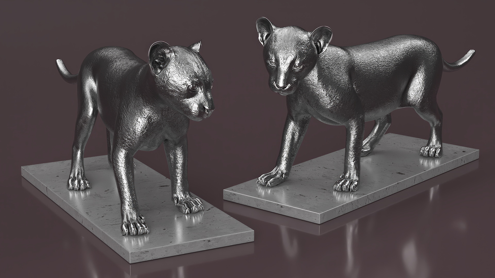 Silver Bronze Lion Cub Sculpture 3D