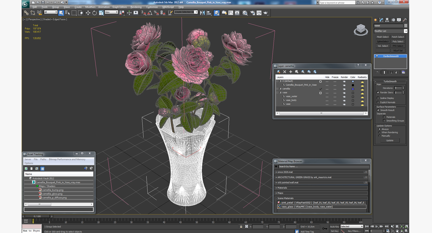 Camellia Bouquet Pink in Vase 3D model