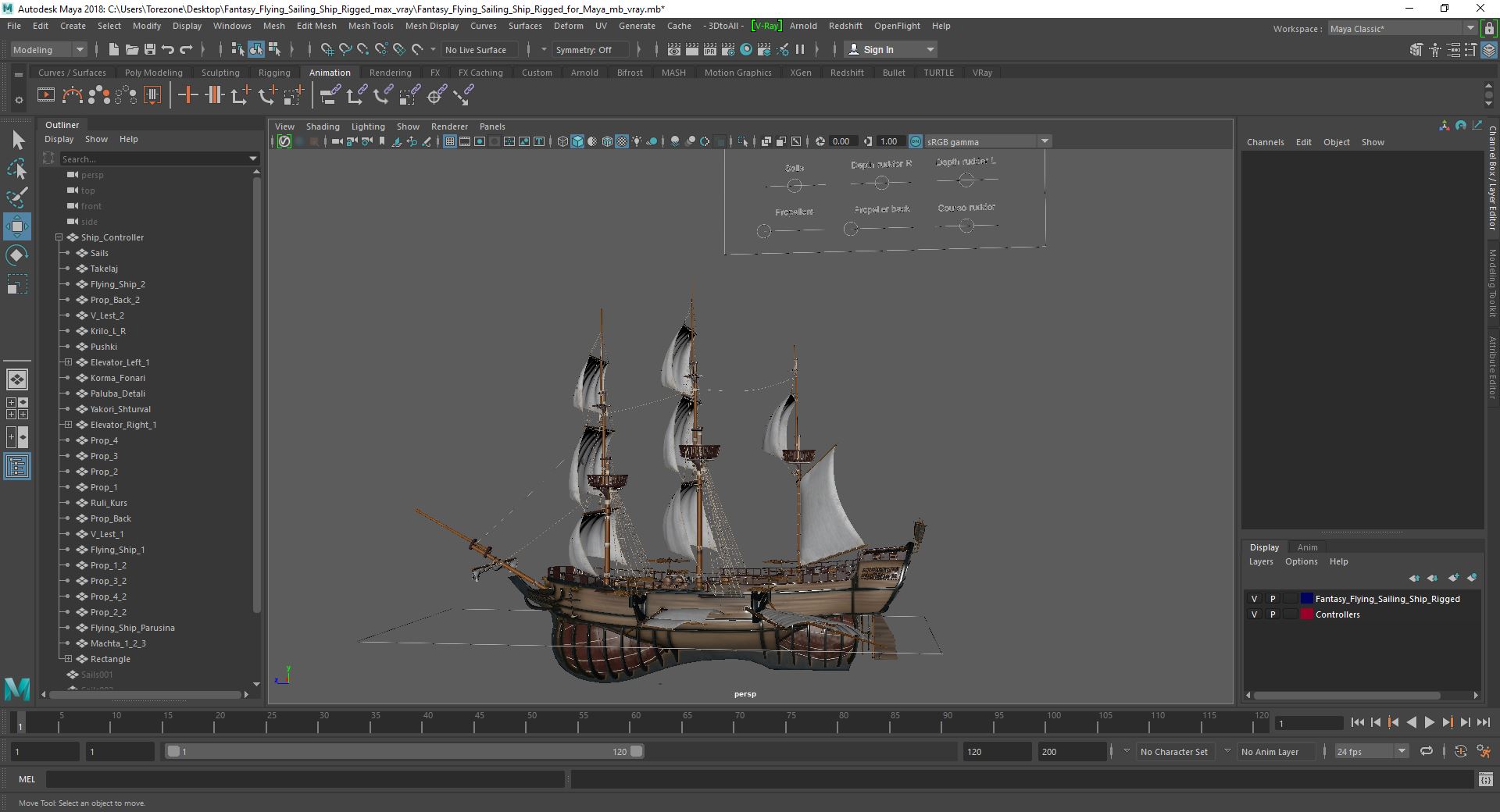 3D Fantasy Flying Sailing Ship Rigged for Maya model