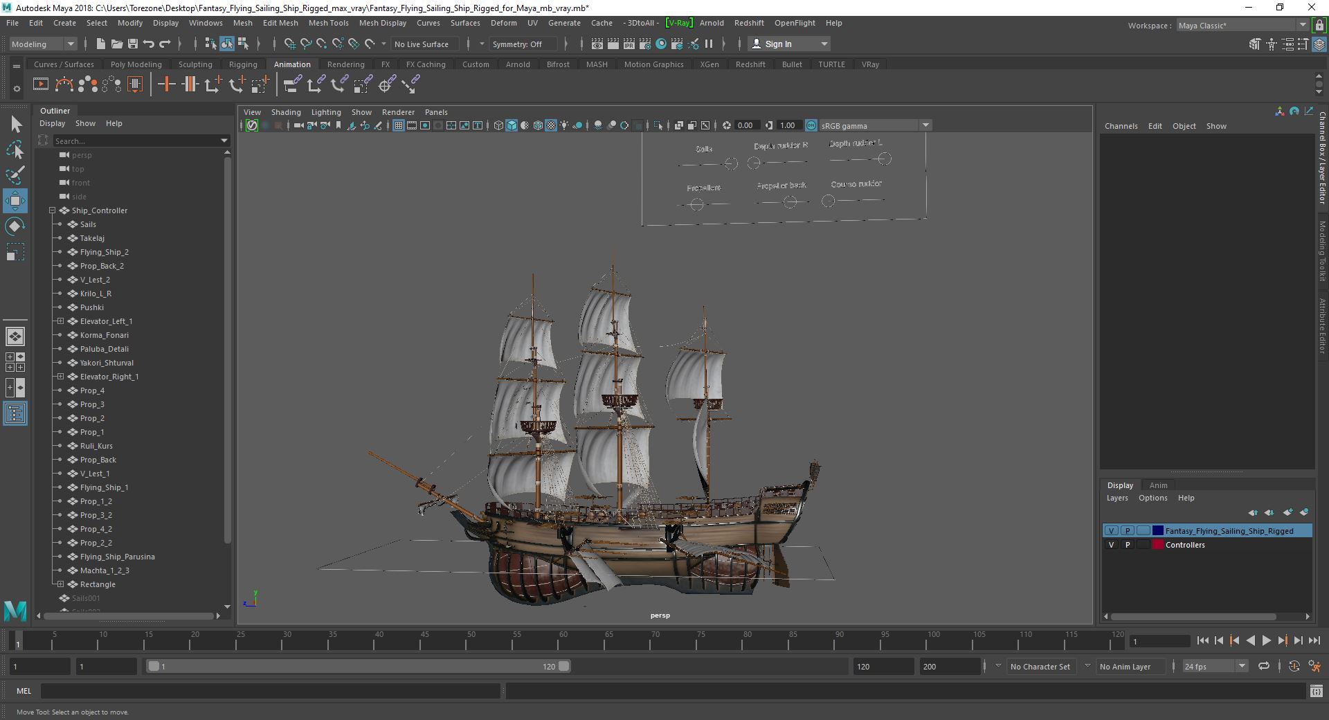 3D Fantasy Flying Sailing Ship Rigged for Maya model