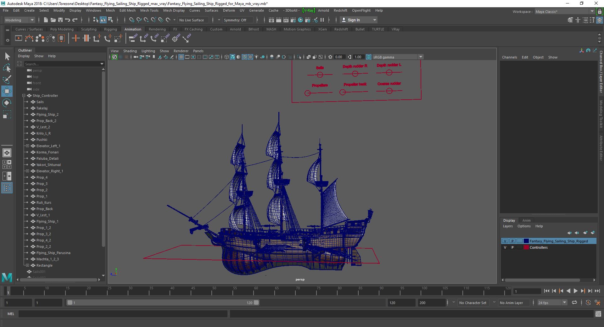 3D Fantasy Flying Sailing Ship Rigged for Maya model