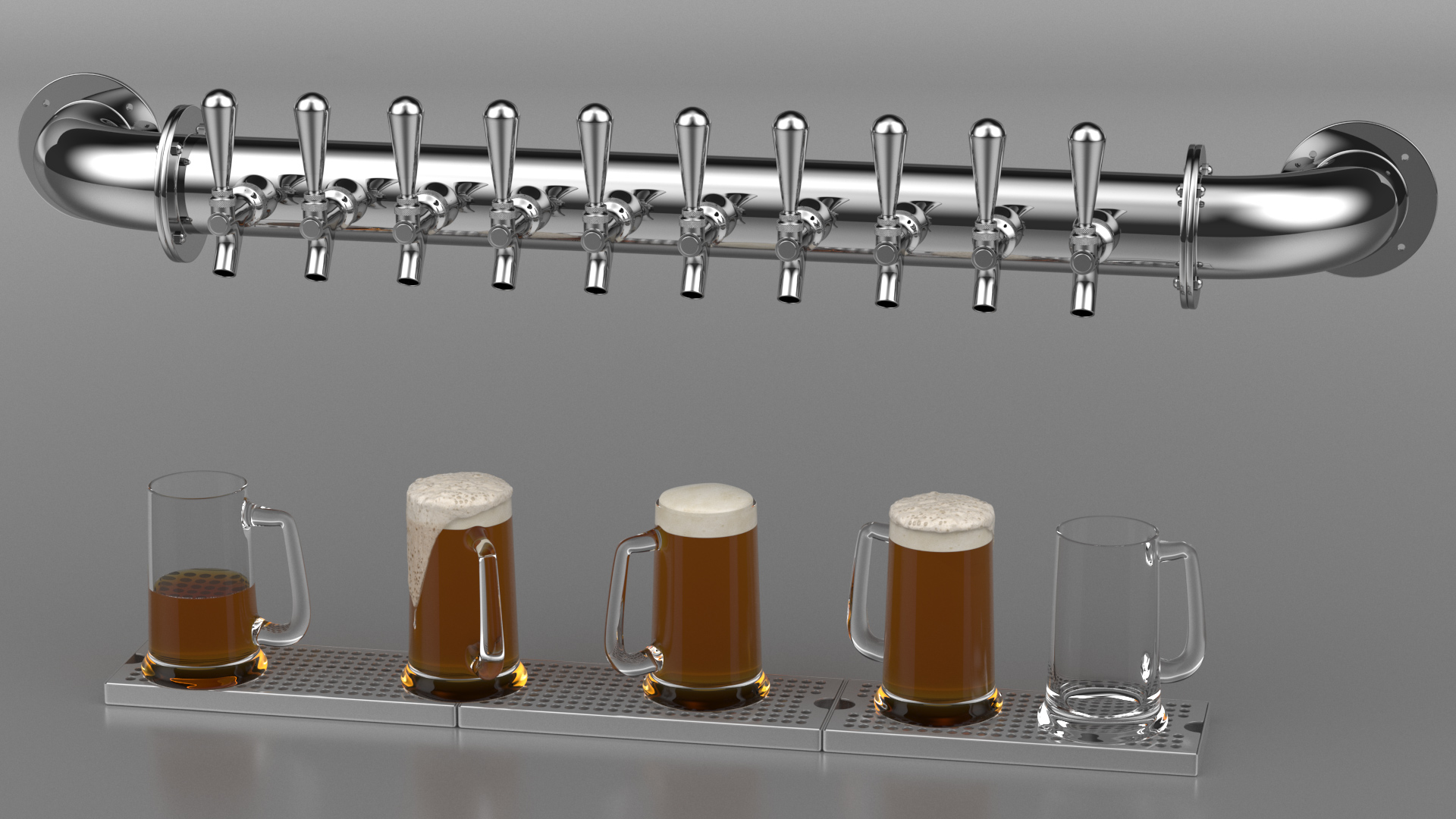 Wall Mount Rail Draft Beer Tower with Beer Mugs 3D