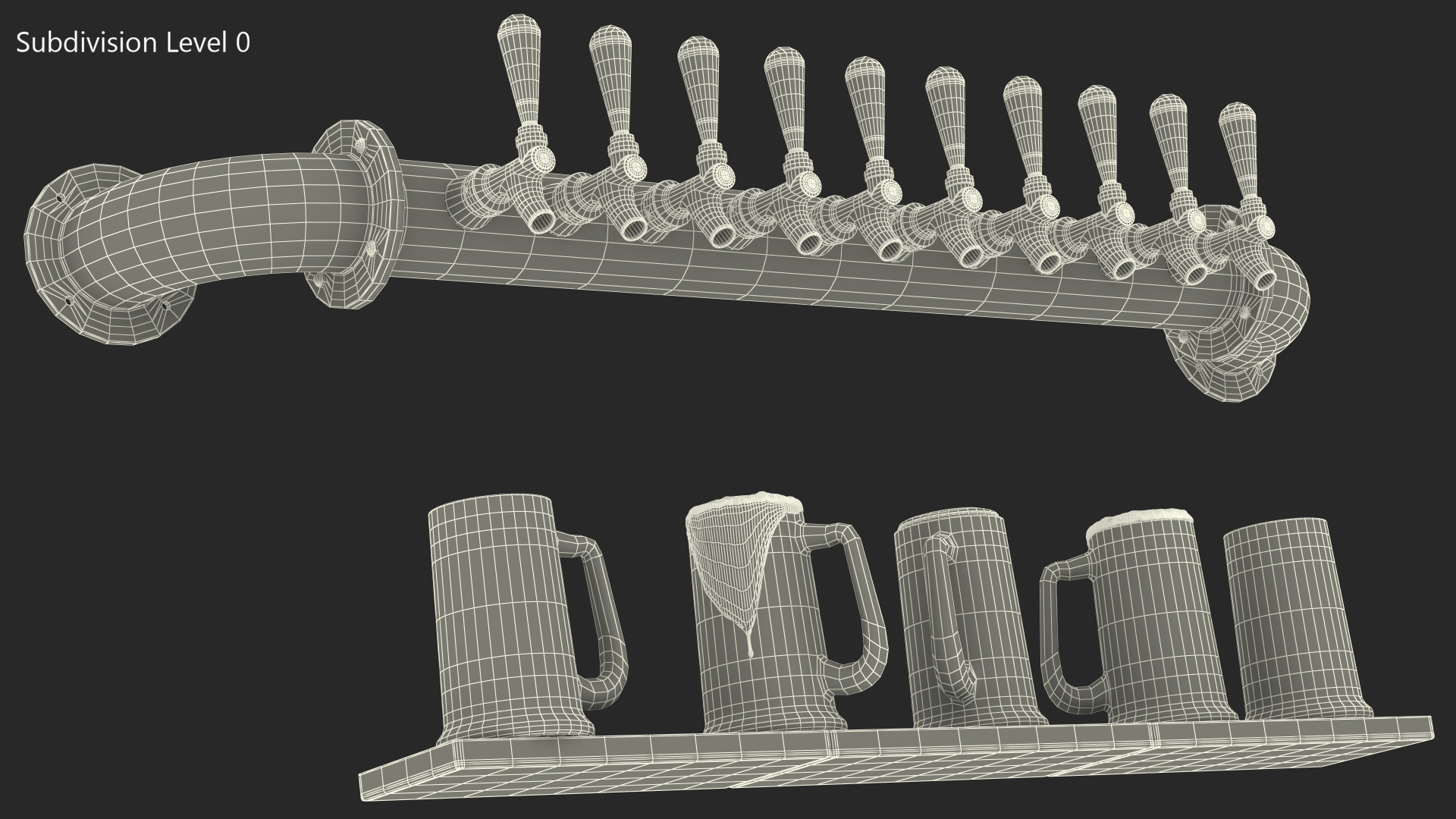 Wall Mount Rail Draft Beer Tower with Beer Mugs 3D