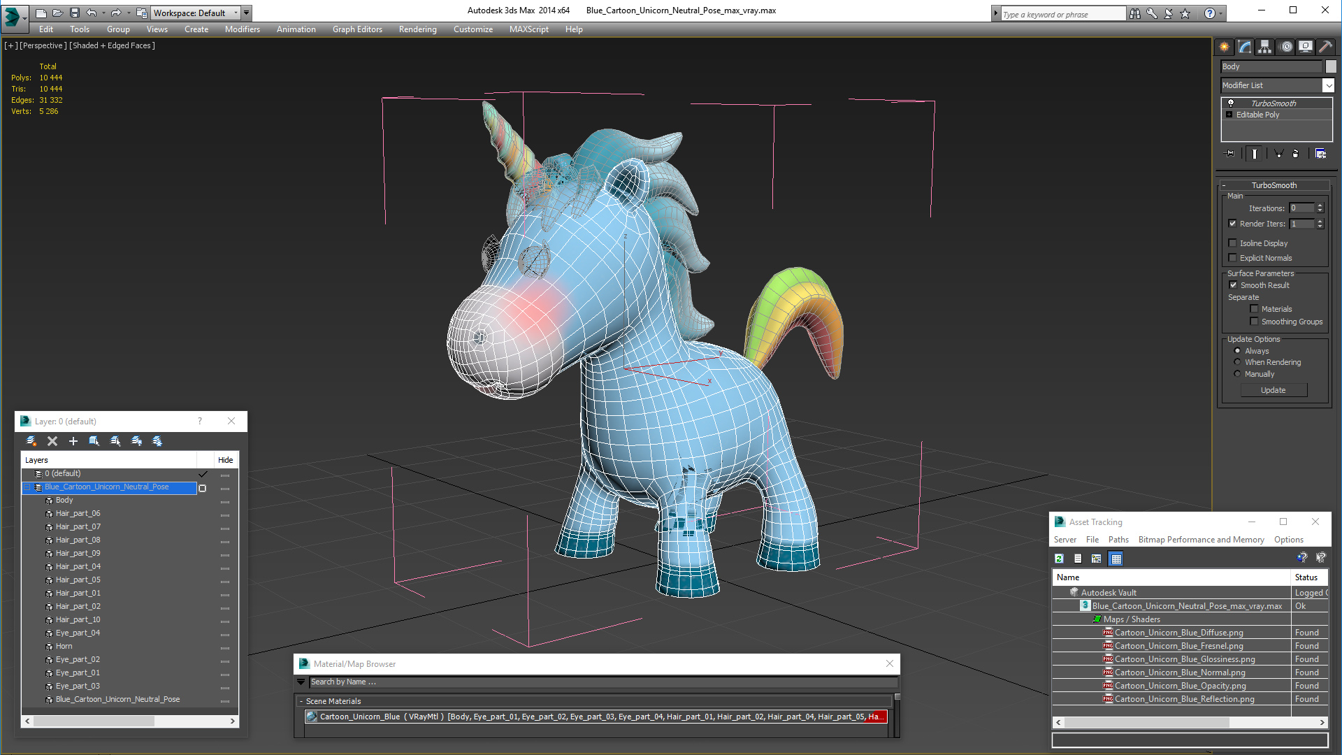 3D Blue Cartoon Unicorn Neutral Pose model