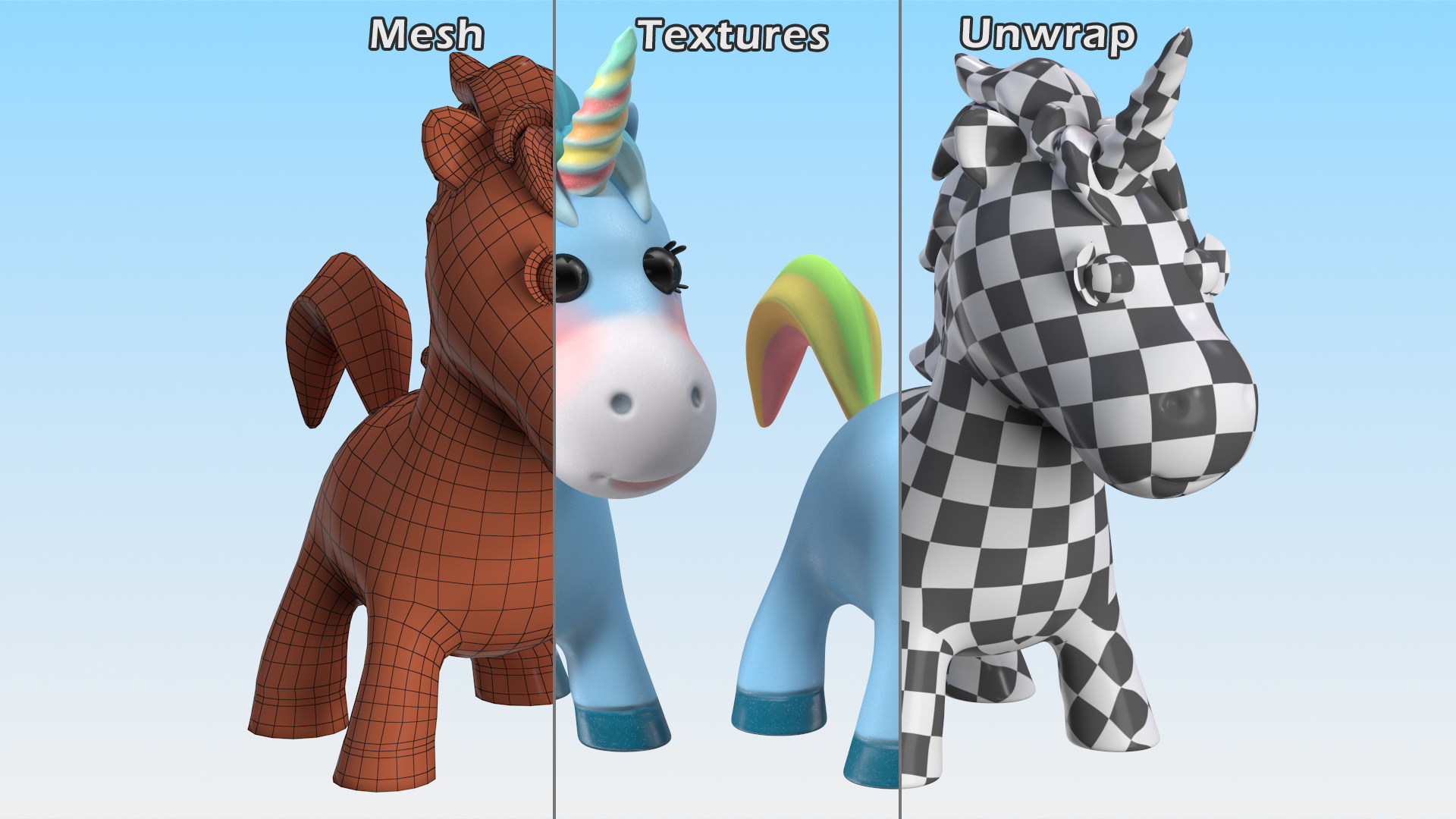 3D Blue Cartoon Unicorn Neutral Pose model