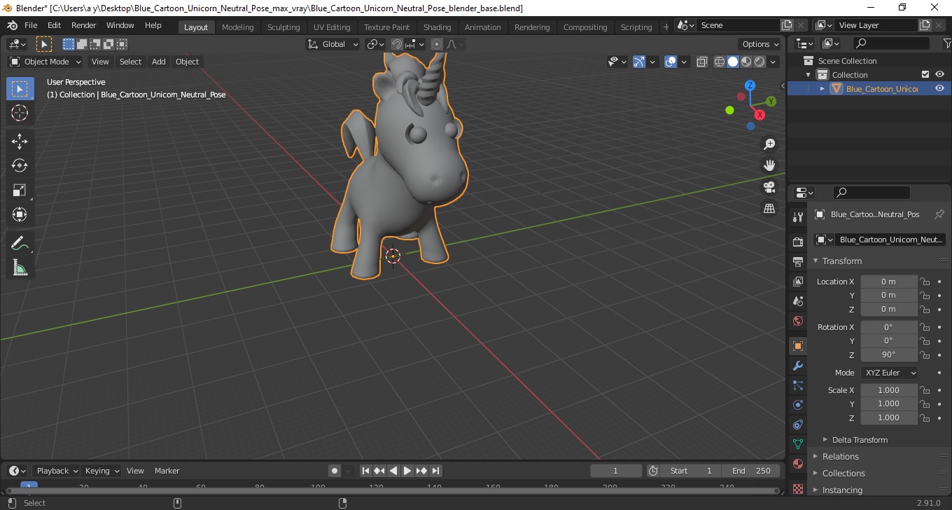 3D Blue Cartoon Unicorn Neutral Pose model