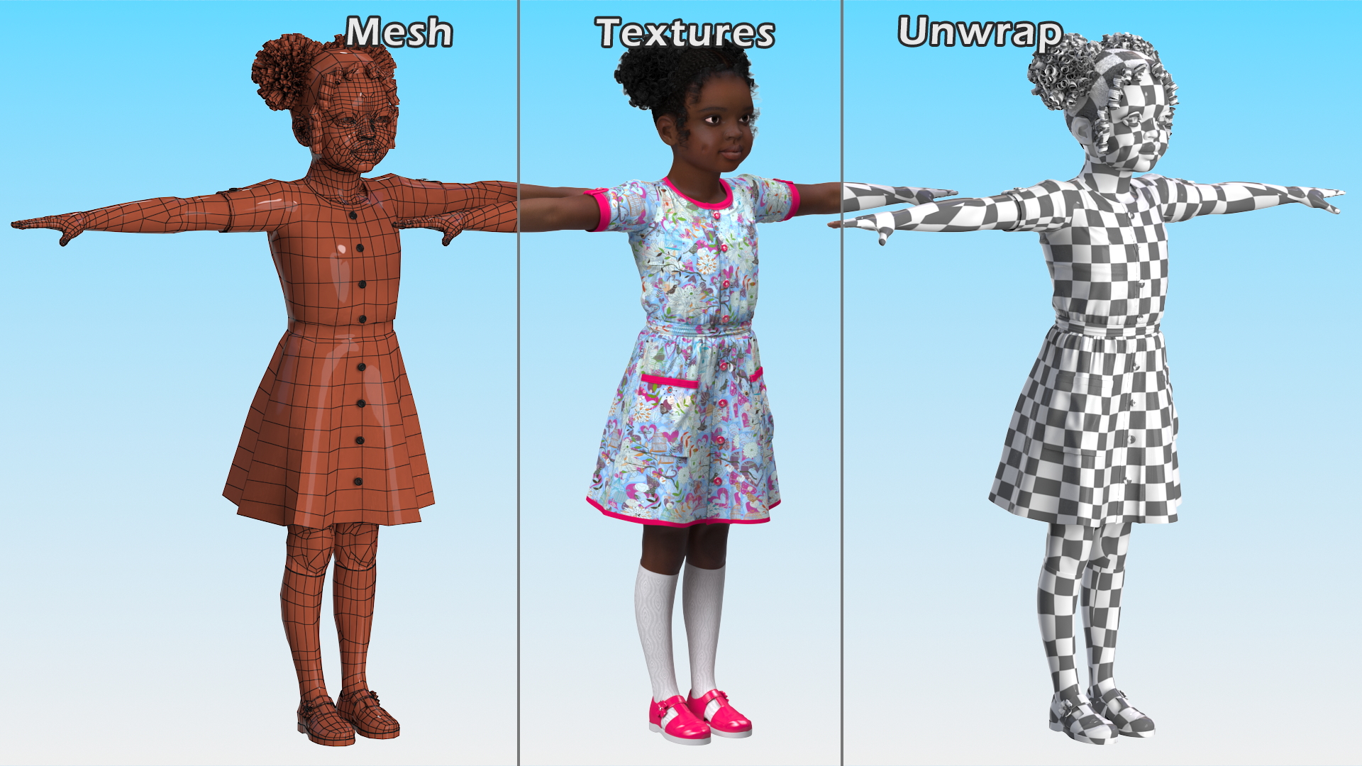 3D Black Child Girl T-pose model