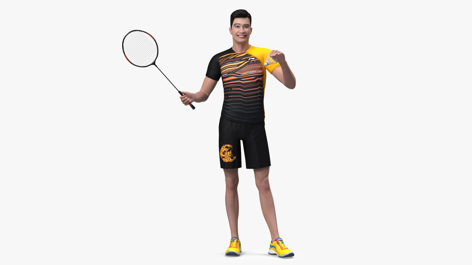 3D model Asian Man with Badminton Racket Standing Pose