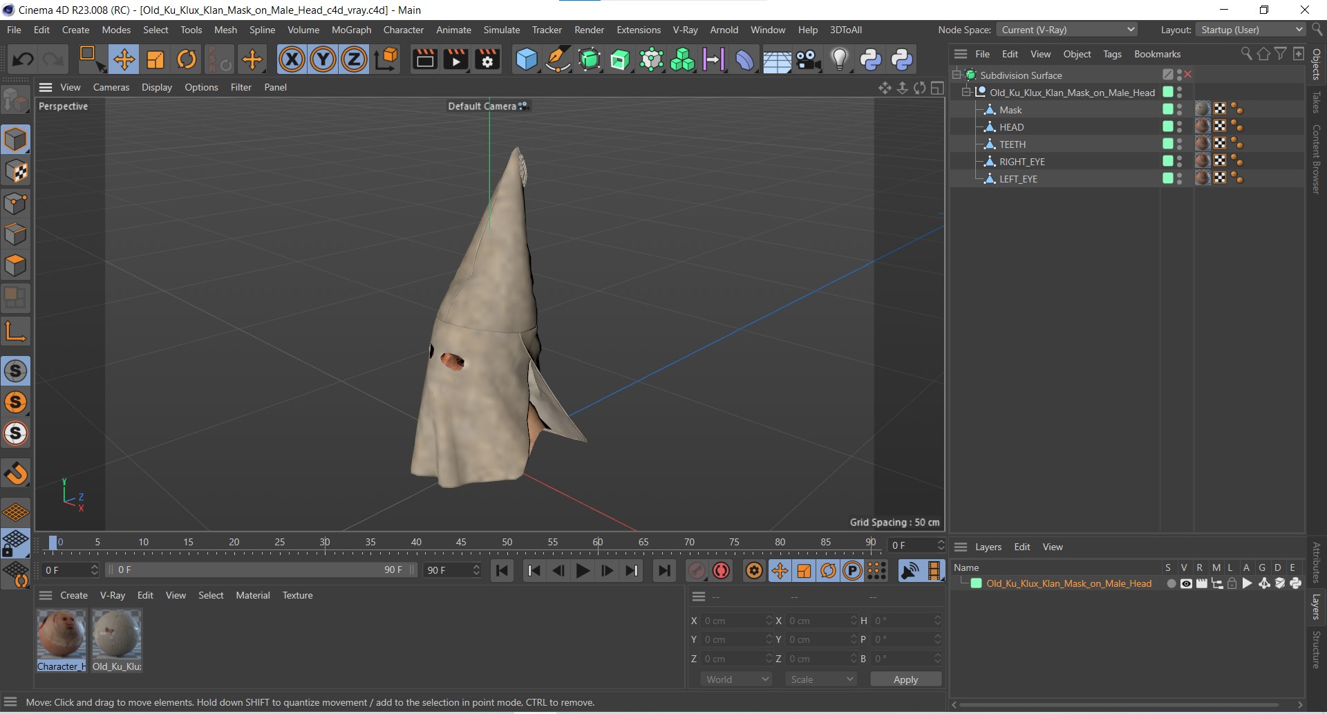 Old Ku Klux Klan Mask on Male Head 3D model