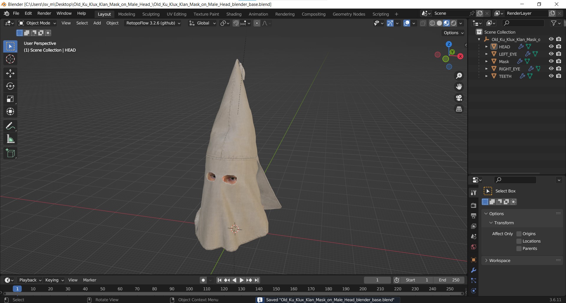 Old Ku Klux Klan Mask on Male Head 3D model