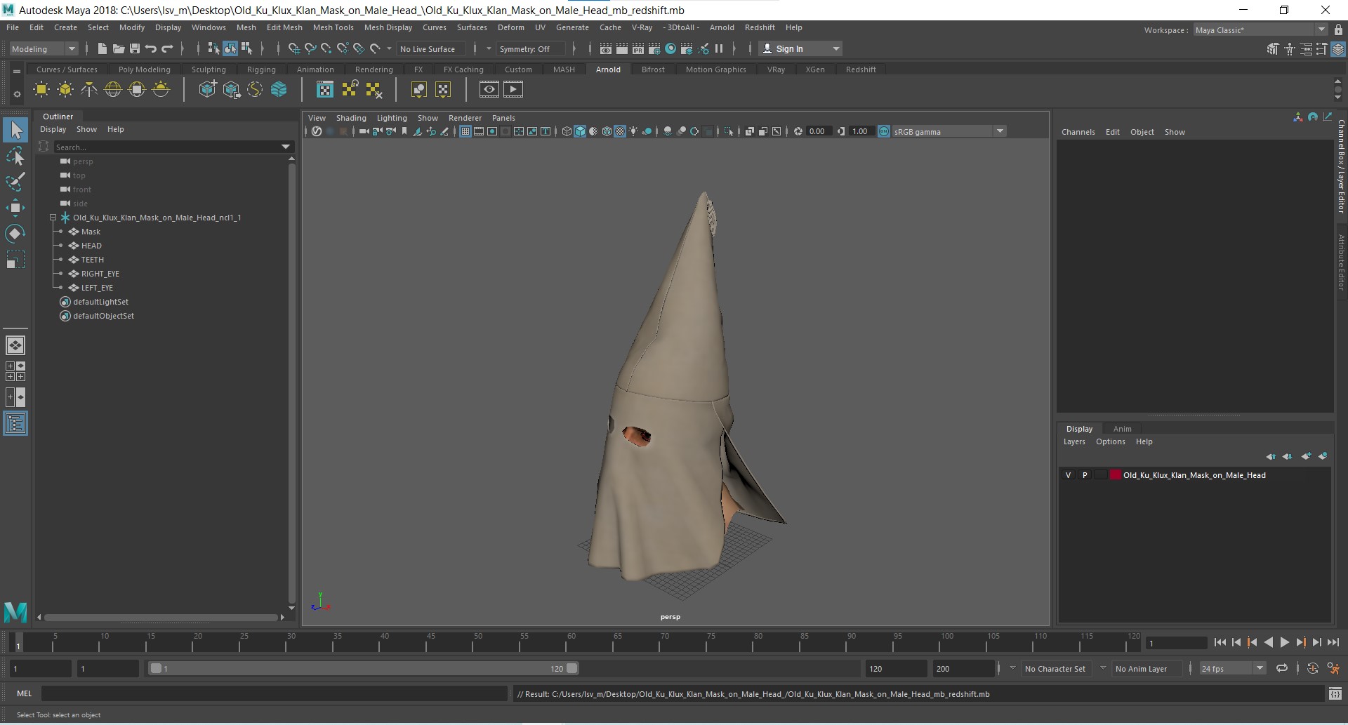 Old Ku Klux Klan Mask on Male Head 3D model