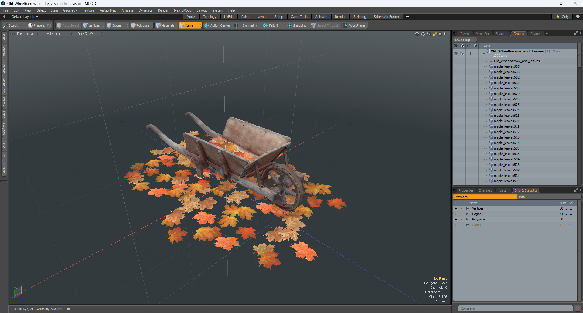 3D Old Wheelbarrow and Leaves