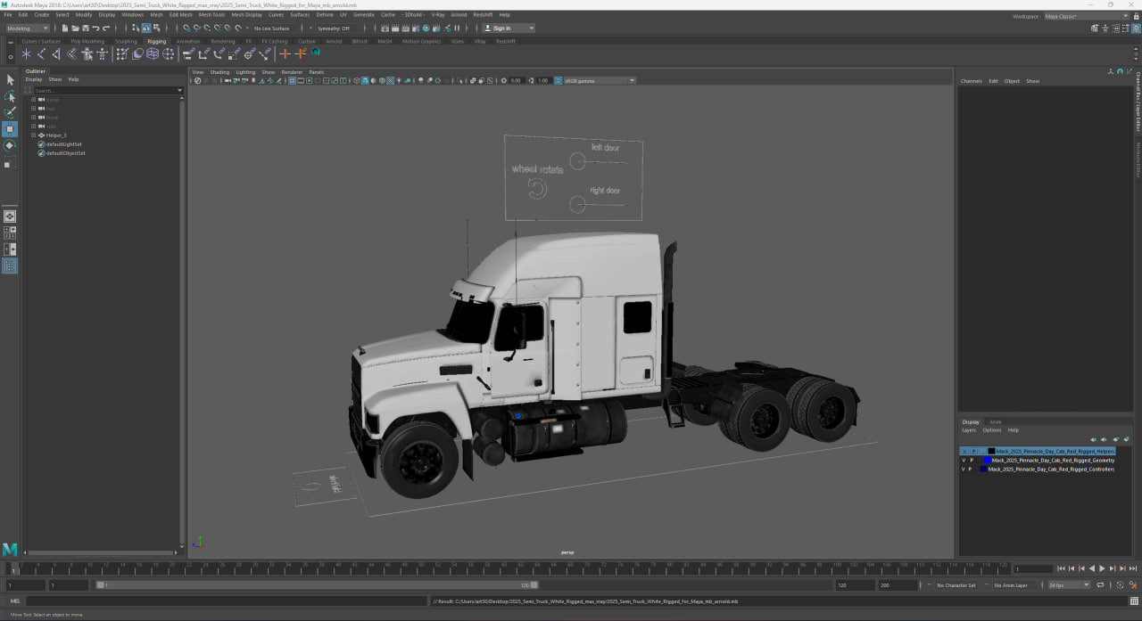 2025 Semi Truck White Rigged for Maya 3D