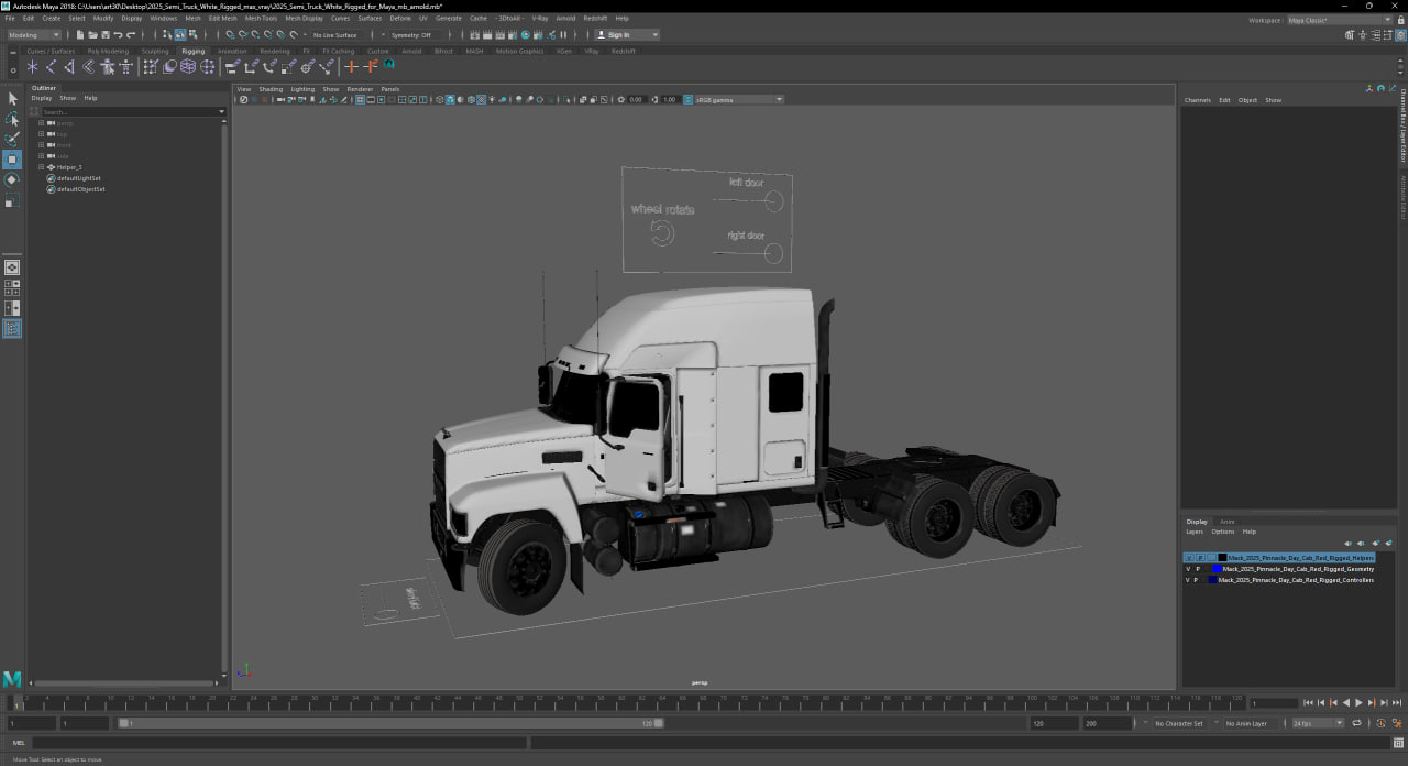 2025 Semi Truck White Rigged for Maya 3D