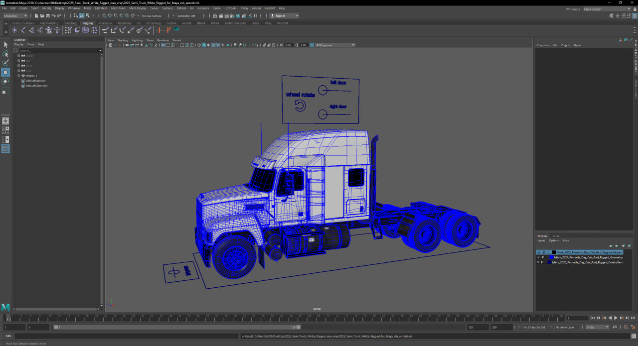 2025 Semi Truck White Rigged for Maya 3D