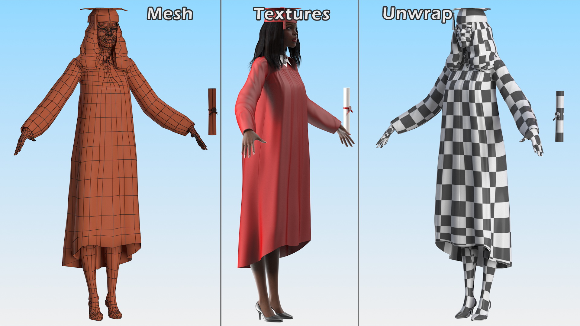 3D Dark Skin Graduation Gown Woman Rigged model