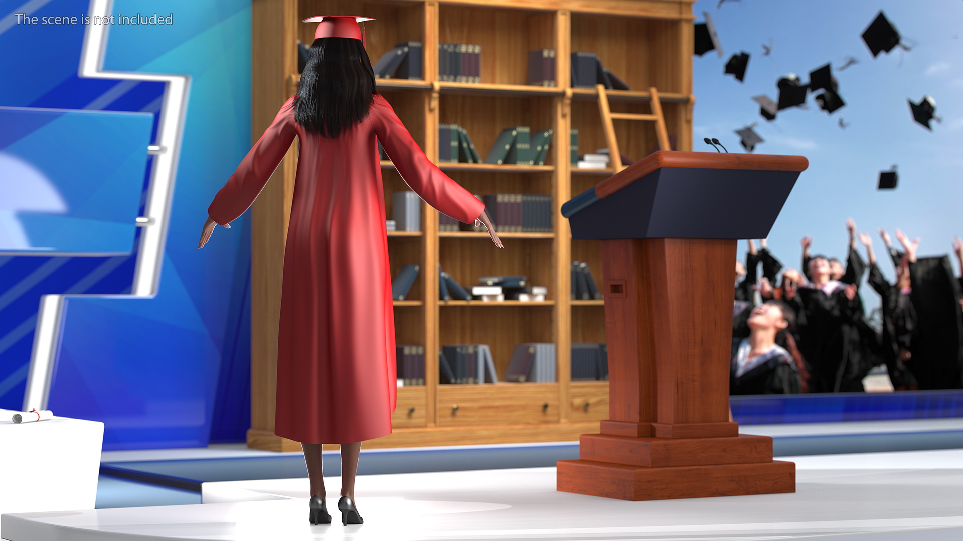 3D Dark Skin Graduation Gown Woman Rigged model