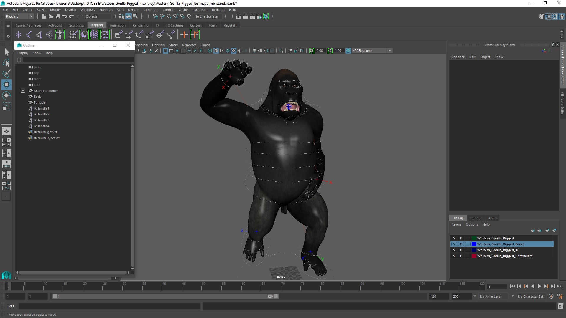 3D Western Gorilla Rigged for Maya