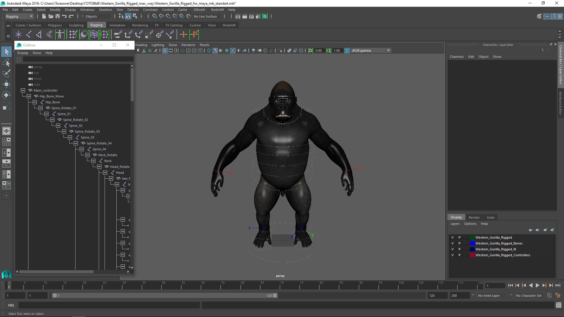 3D Western Gorilla Rigged for Maya