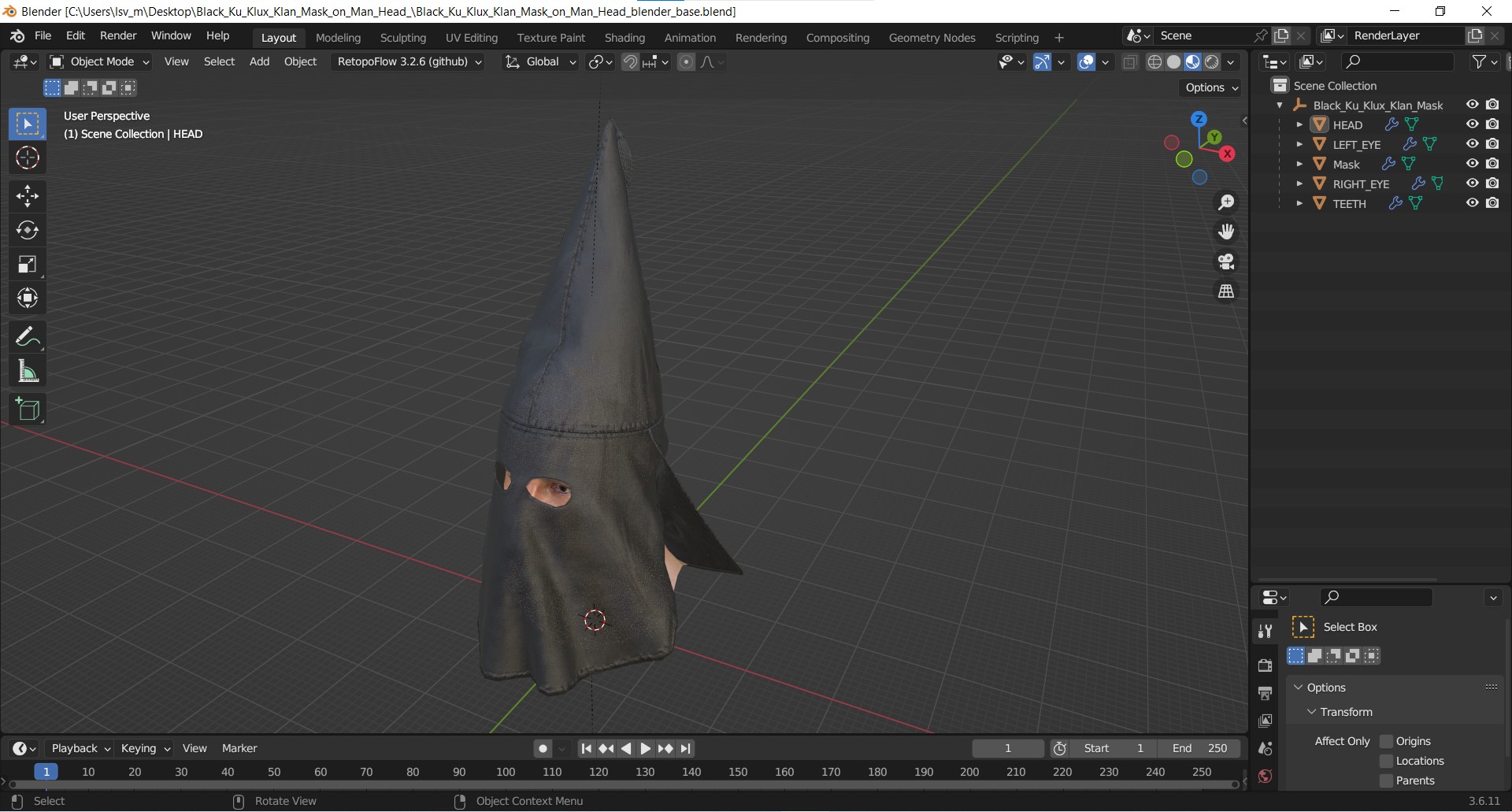 3D model Black Ku Klux Klan Mask on Man Head