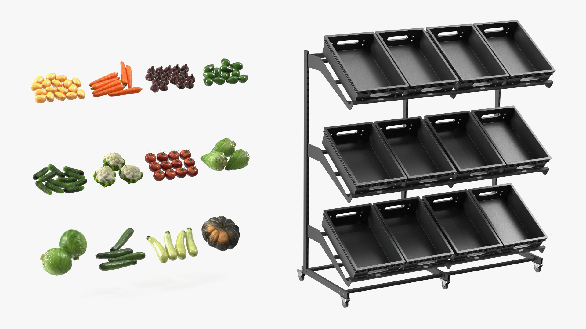 Fresh Vegetables on Display Rack 3D