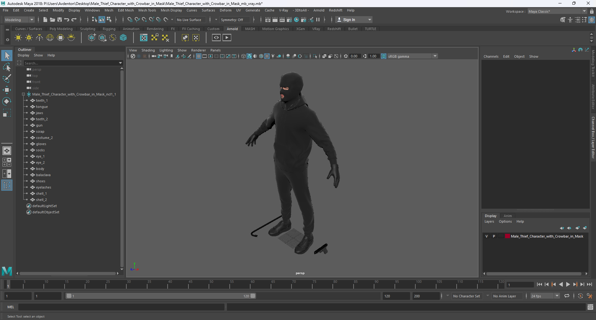 3D Male Thief Character with Crowbar in Mask