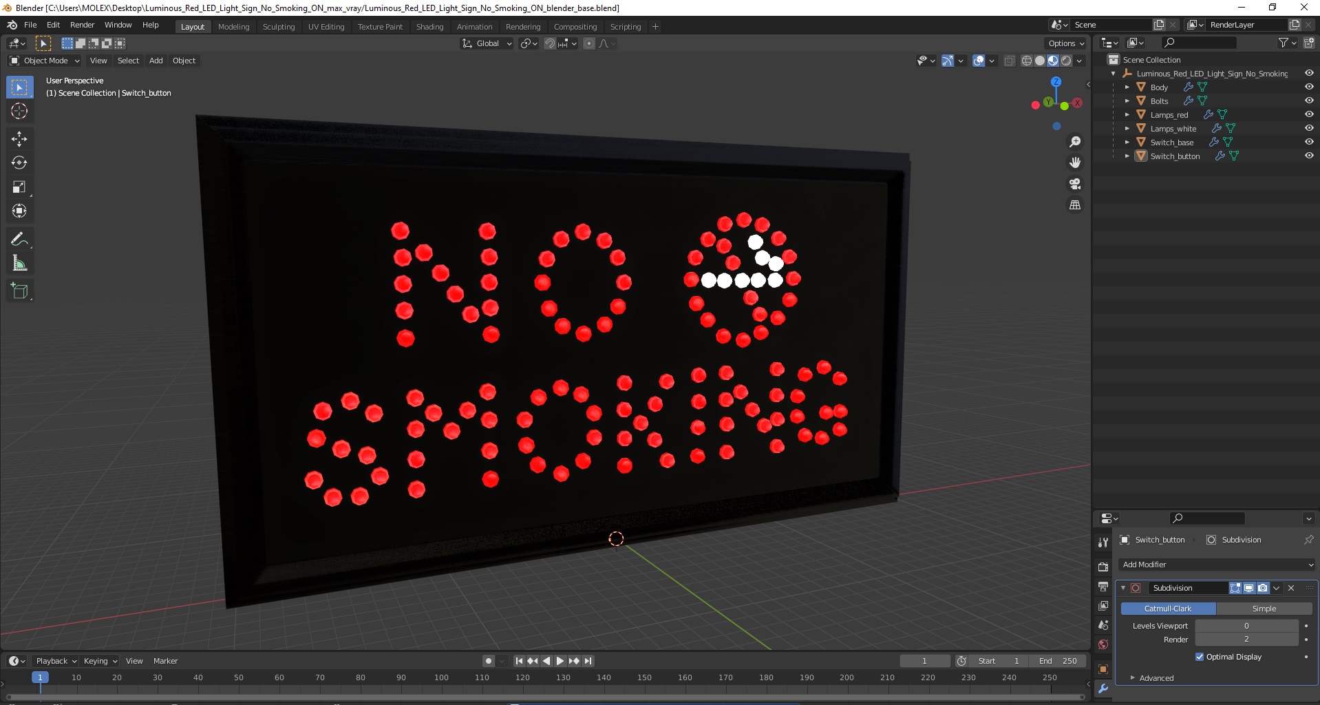 3D Luminous Red LED Light Sign No Smoking ON