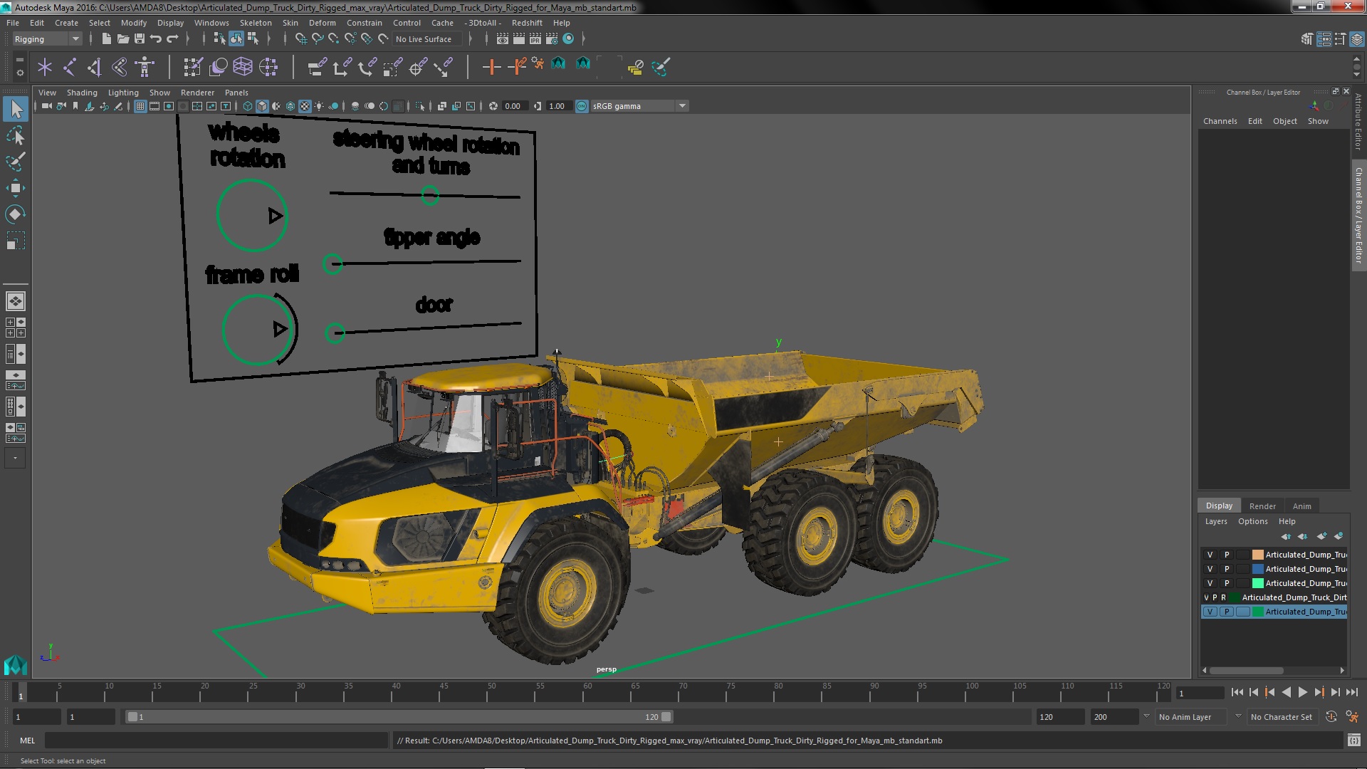 Articulated Dump Truck Dirty Rigged for Maya 3D model