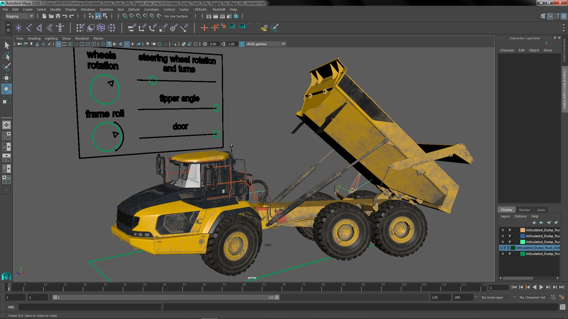 Articulated Dump Truck Dirty Rigged for Maya 3D model