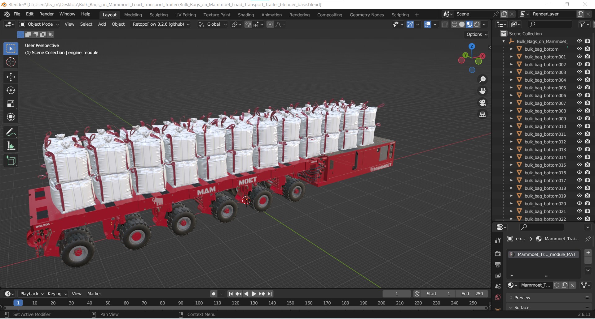 3D Bulk Bags on Mammoet Load Transport Trailer model